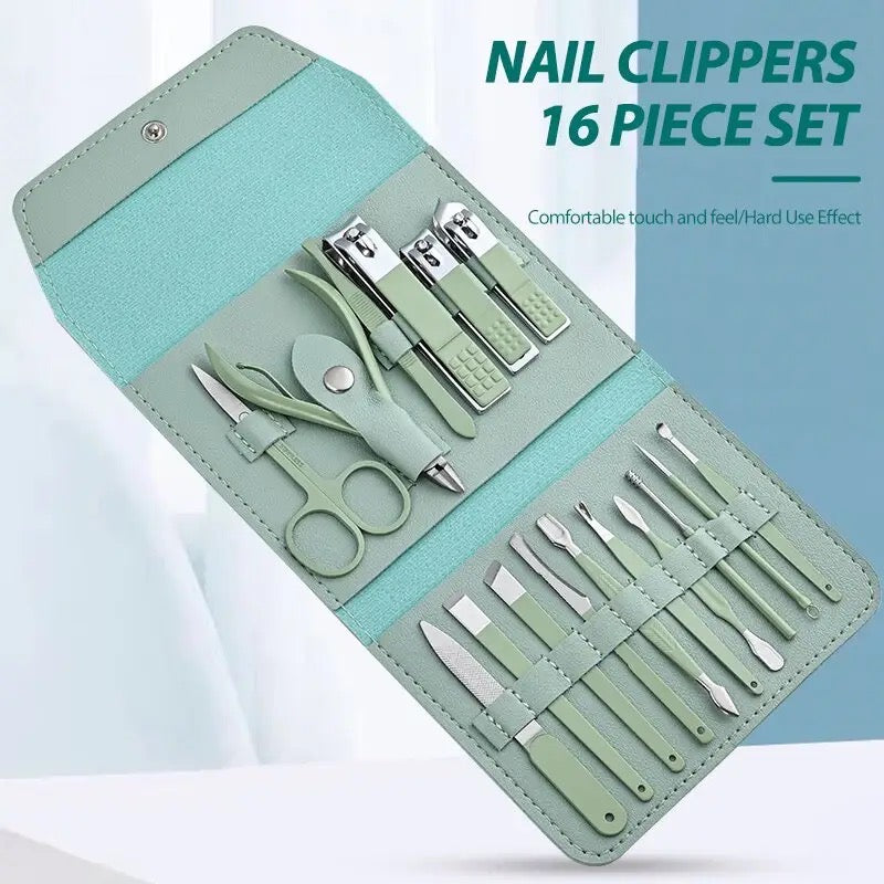 Set Of 16 Stainless Steel Manicure Kit With Folding Bag