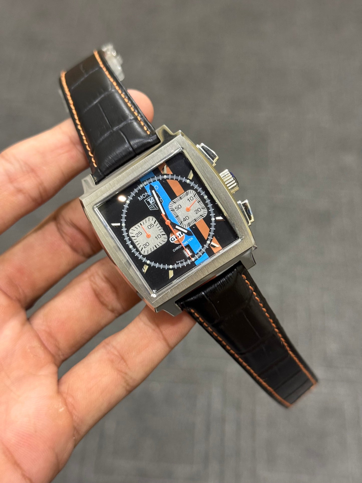 LATEST COLLECTION X GULF CALIBRE 11 CHRONOGRAPH SILVER CASE WITH BLACK LEATHER STRAP