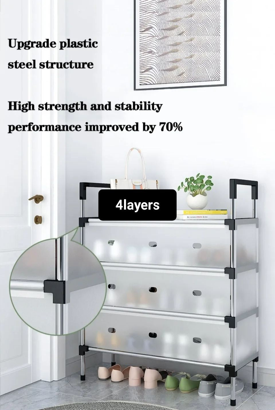 Dustproof Shoe Rack with Metal Pipes and Frosted Glass