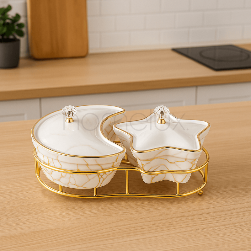 Luxury White Marble Moon & Star 2-Section Ceramic Dish Set | Elegant Appetizer & Snack Plates