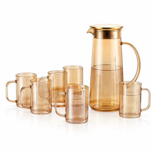 8-Piece Glass Water Set with Jug, Lid & Mugs – Elegant Amber-Tone Serving Set