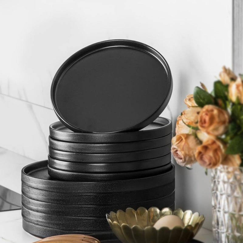 Stoneware Black Border Plates 8 Piece Set | Elegant Tableware Adornia Pakistan