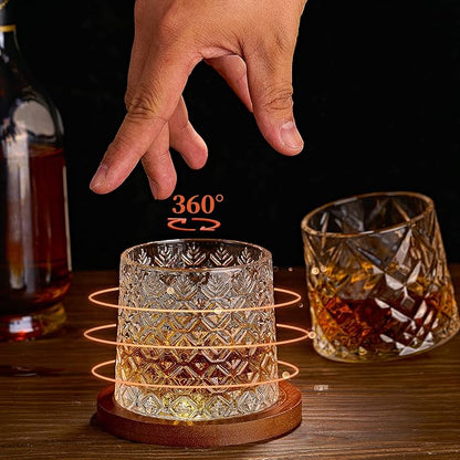 Spinning Whiskey Glass With Wood Coasters