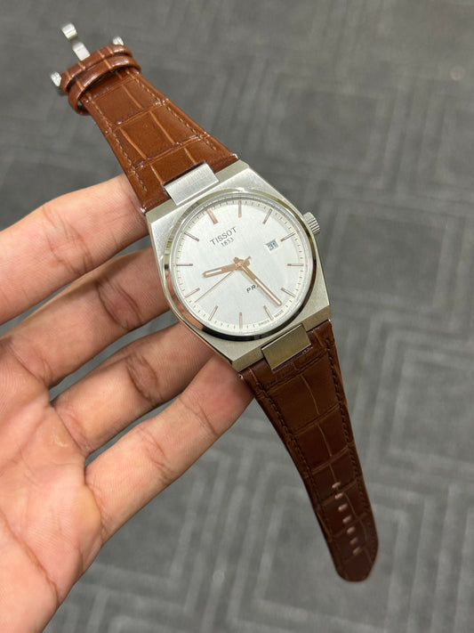 PRX White Plain Dial Gold Silver Case Brown Leather Strap