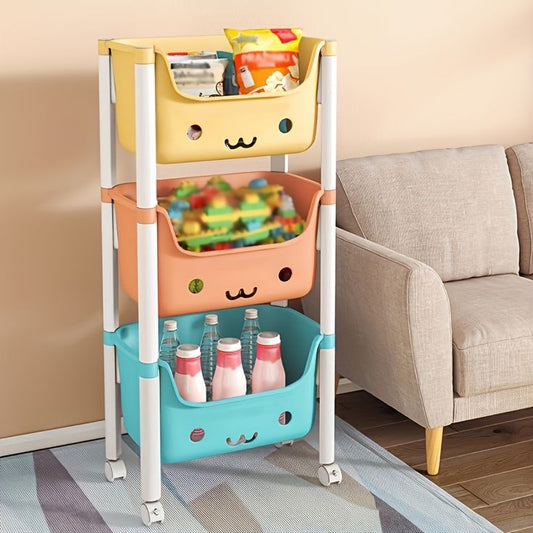 Kids Multi-Tier Toy Storage Organizer with Cute Cartoon Bins & Wheels – Durable Plastic Shelf for Playroom & Nursery