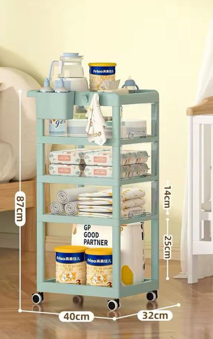 4 Layer Movable Living Room Trolley, Multi Purpose Storage Cart with Wheels, Portable Mobile Display Shelf