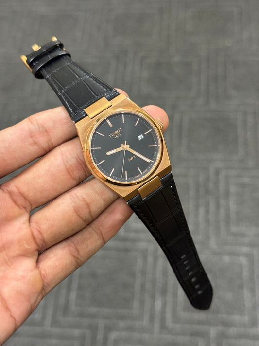 PRX Black Plain Dial Rose Gold Case Black Leather Strap