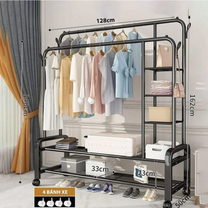 Dual Pole Movable Clothes Rack – Wardrobe Stand with Shelves & Coat Storage