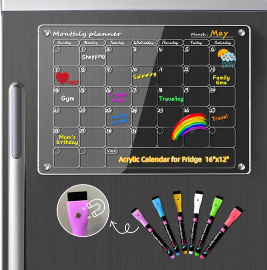 Acrylic Calendar for Fridge, Magnetic Fridge Calendar, 12"x8" Acrylic Dry Erase Board for Refrigerator, Clear Acrylic Whiteboard Reusable, Includes 6 Color Markers