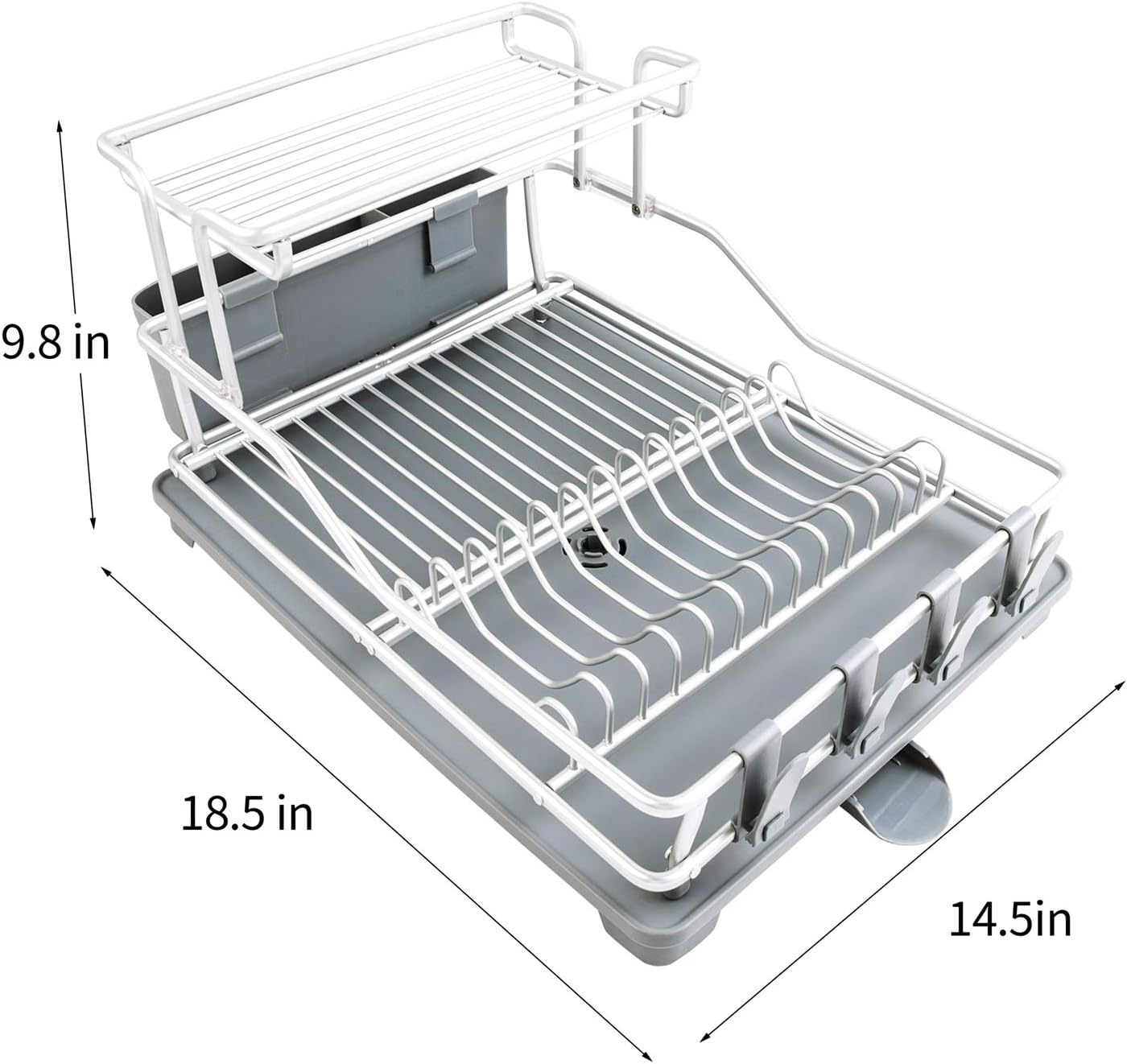 Aluminum 2 Tier Dish Rack with Removable Drainer Cutlery Holder & Cup Holder Dish Drainer Drying Rack for Kitchen