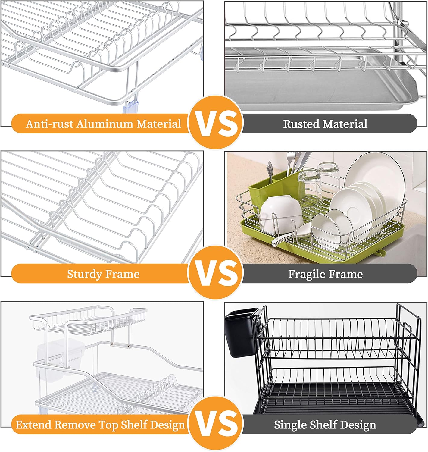 Aluminum 2 Tier Dish Rack with Removable Drainer Cutlery Holder & Cup Holder Dish Drainer Drying Rack for Kitchen