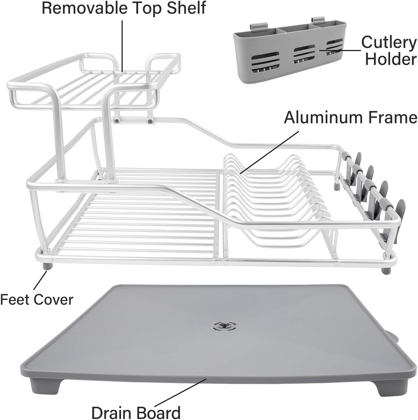 Aluminum 2 Tier Dish Rack with Removable Drainer Cutlery Holder & Cup Holder Dish Drainer Drying Rack for Kitchen