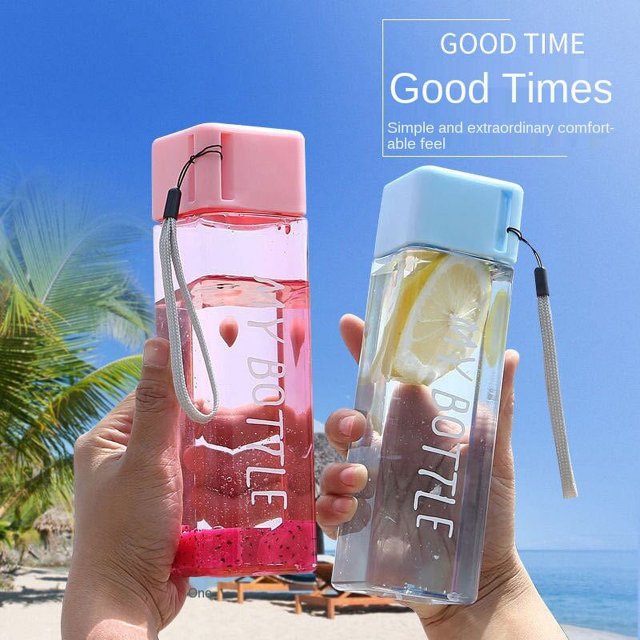 Simple Square Water Bottle, 500ml Plastic Water Cup, Transparent My Bottle With Hanging Rope, Large Mouth Water Cup With Lifting Rope And Lid
