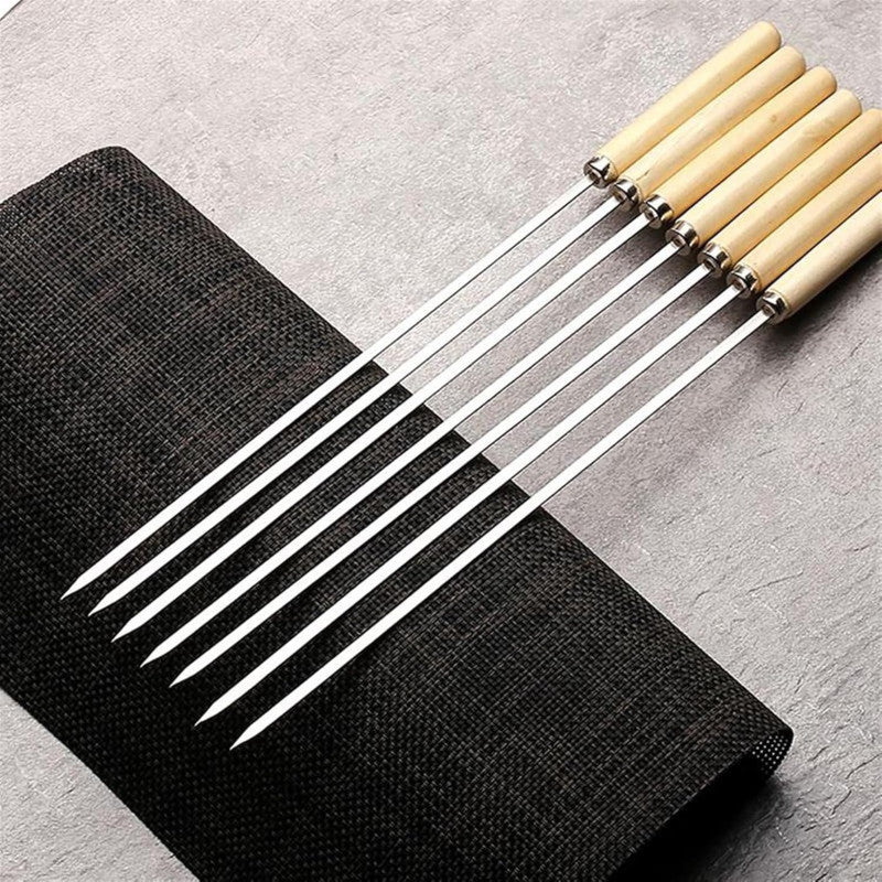 6pcs Stainless Steel BBQ Skewers with Wooden Handles - Heavy-Duty Rust-Resistant Round Metal Barbecue Skewers