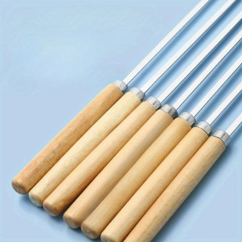 6pcs Stainless Steel BBQ Skewers with Wooden Handles - Heavy-Duty Rust-Resistant Round Metal Barbecue Skewers