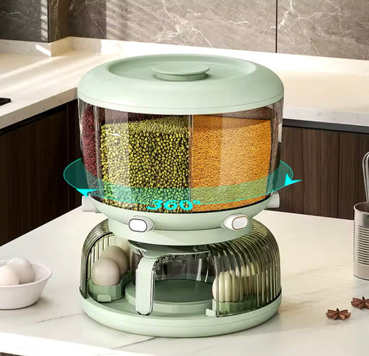 Rotating 6 Grids Cereal Rice Dispenser with Egg Rack