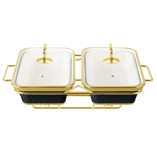 Twin Rectangular Burner Dish With Gold Stand 12"