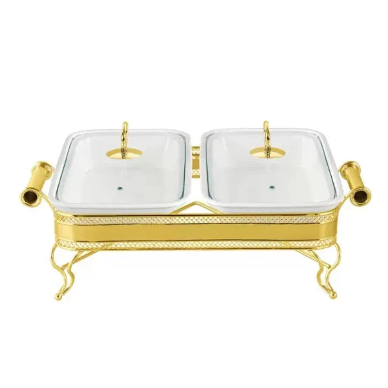 Twin Rectangular Burner Dish With Golden Stand 12"