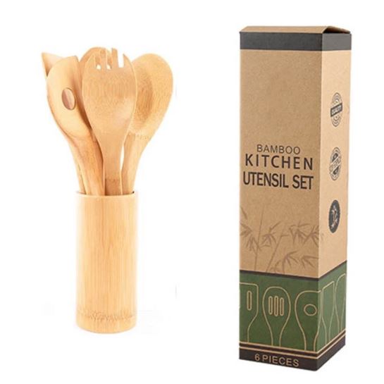 Bamboo Kitchen Utensils, 7Pcs Cooking Utensils Set with Holder