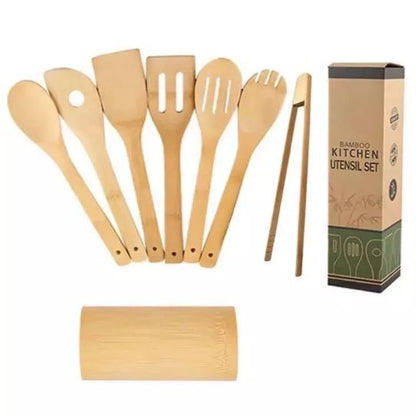 Bamboo Kitchen Utensils, 7Pcs Cooking Utensils Set with Holder