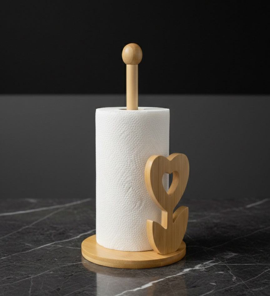 Bamboo Wood Tissue Holder Vertical Roll Pole Paper Towel Holder fof Kitchen/Toilet Freestanding