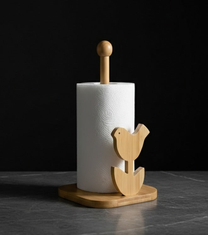 Bamboo Wood Tissue Holder Vertical Roll Pole Paper Towel Holder fof Kitchen/Toilet Freestanding