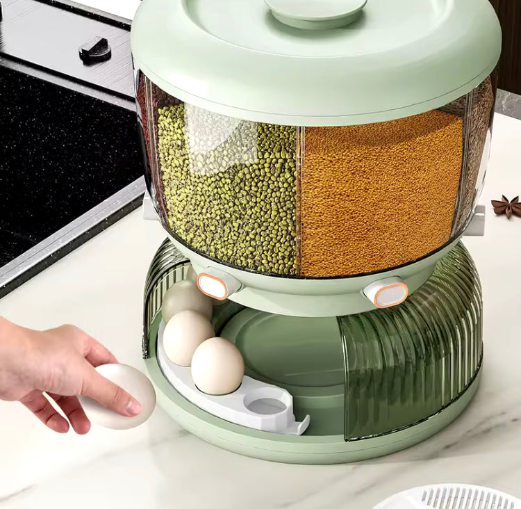 Rotating 6 Grids Cereal Rice Dispenser with Egg Rack