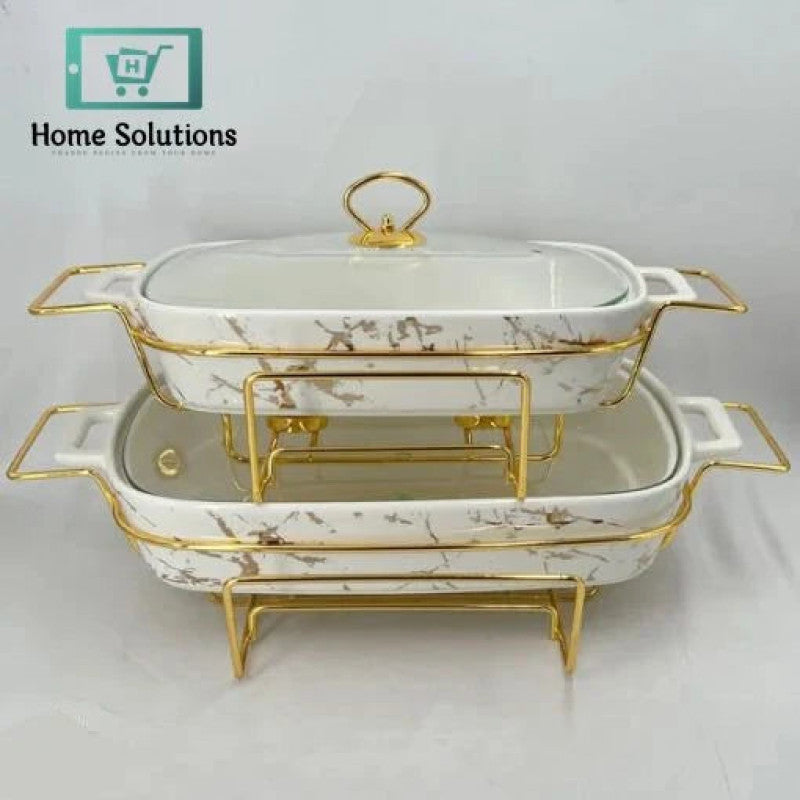 Ceramic Chafing Dish Buffet Set – White Rectangular Warmer with Marble Finish