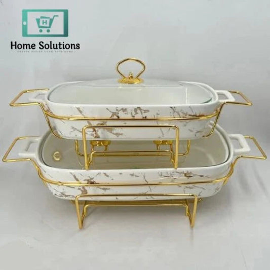 Ceramic Chafing Dish Buffet Set – White Rectangular Warmer with Marble Finish