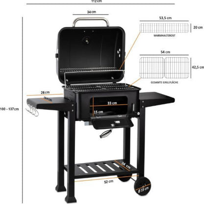 Charcoal BBQ Grill Trolley with Lid, Coals Tray Height Adjustable with thermometer