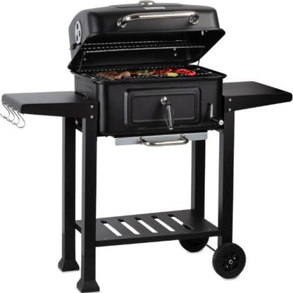 Charcoal BBQ Grill Trolley with Lid, Coals Tray Height Adjustable with thermometer