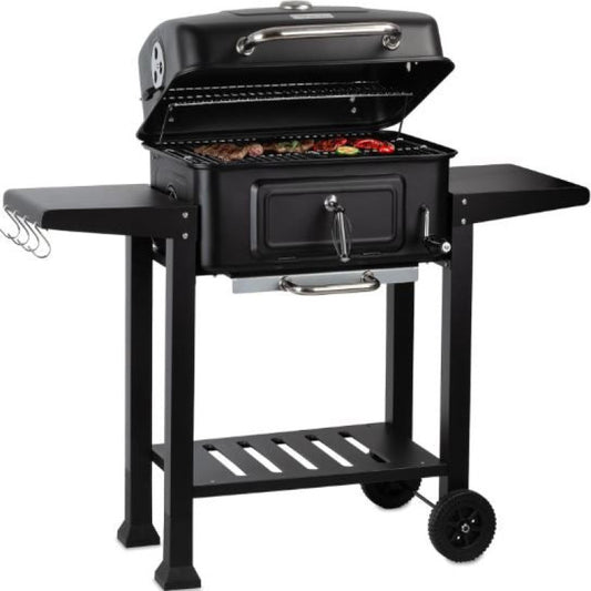 Charcoal BBQ Grill Trolley with Lid, Coals Tray Height Adjustable with thermometer