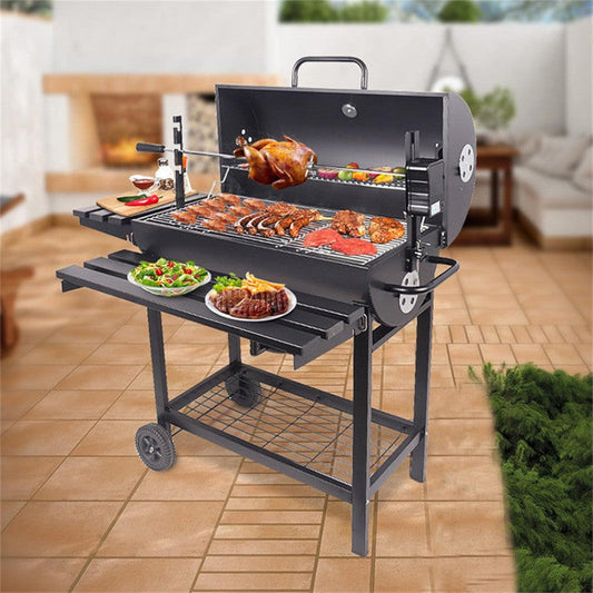 Charcoal BBQ Grill with 2 Foldable Table and Bottom Storage Shelf with Automatic Rotating Grill Rod Outdoor Barbecue stand for Family Gatherings Camping - Black