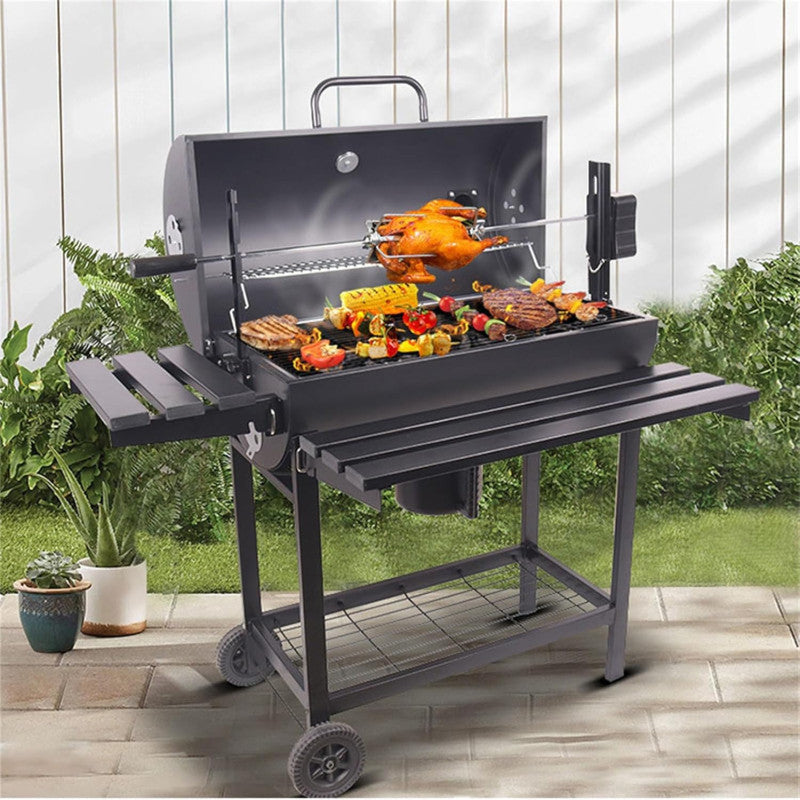 Charcoal BBQ Grill with 2 Foldable Table and Bottom Storage Shelf with Automatic Rotating Grill Rod Outdoor Barbecue stand for Family Gatherings Camping - Black