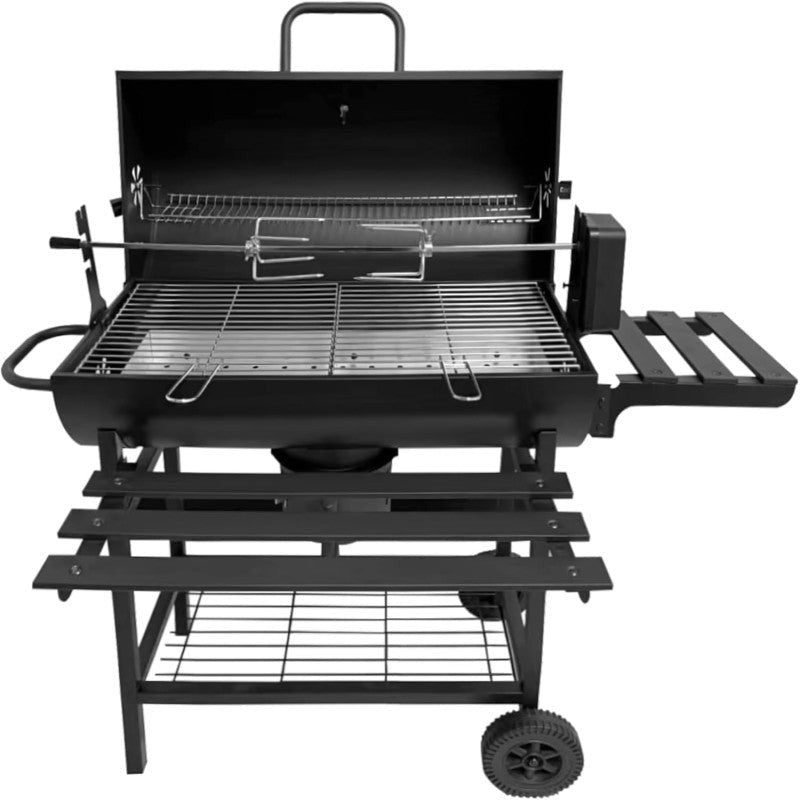 Charcoal BBQ Grill with 2 Foldable Table and Bottom Storage Shelf with Automatic Rotating Grill Rod Outdoor Barbecue stand for Family Gatherings Camping - Black