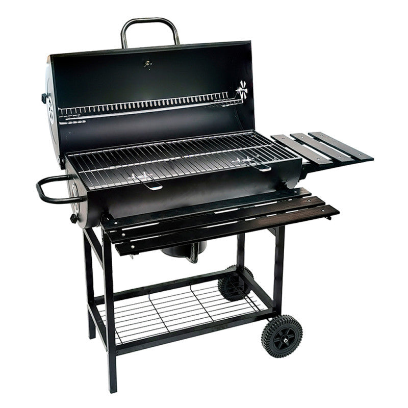 Charcoal BBQ Grill with Manual Rotatable Rod, Side and Front Table, Thermometer and 2 Wheels