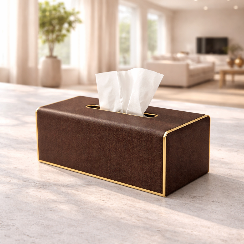 Luxury Brown Textured Tissue Box with Gold Trim
