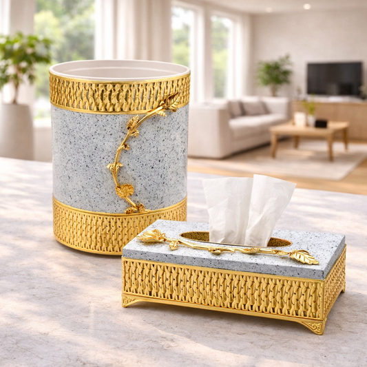 Luxury Grey Marble-Effect & Gold Decorative Tissue Box & Dustbin Set