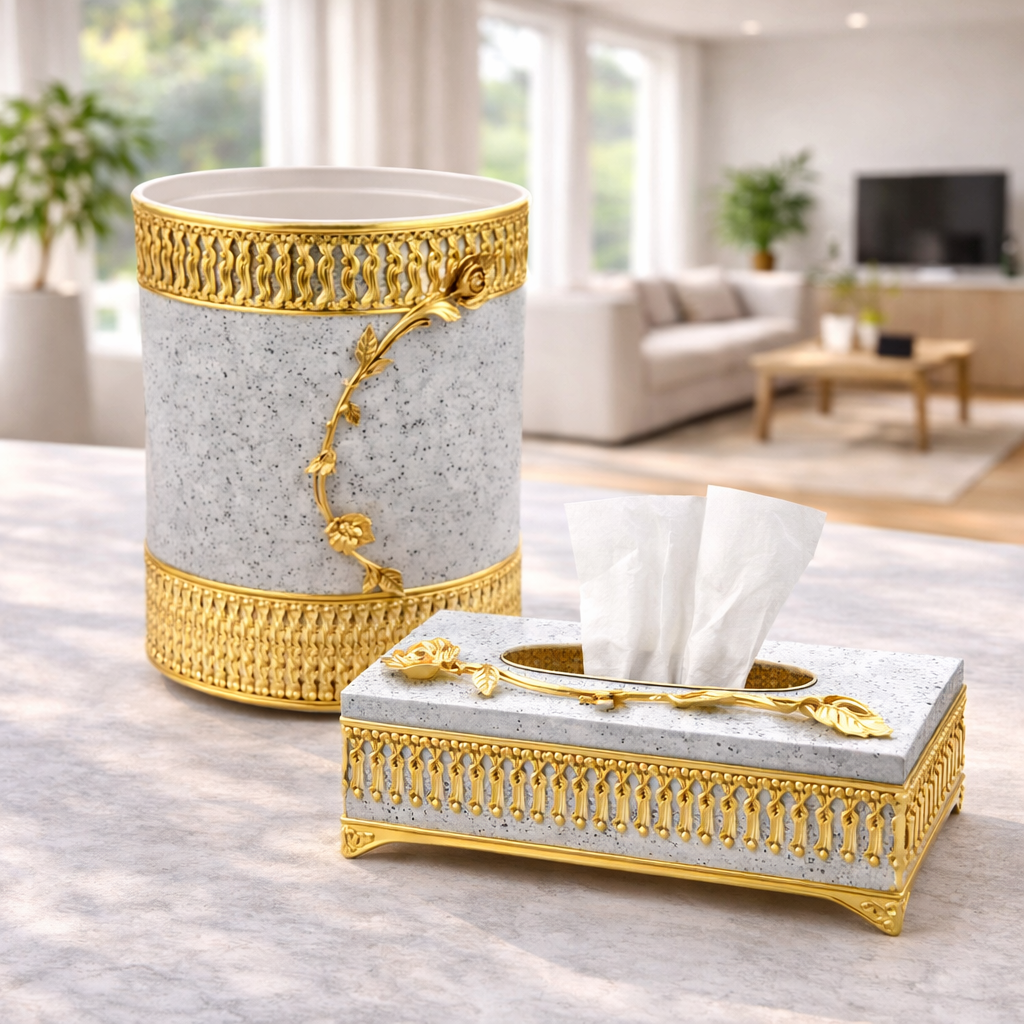 Luxury Grey Marble-Effect & Gold Decorative Tissue Box & Dustbin Set