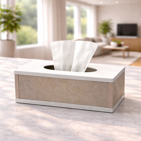 MDF Wooden Beige Marble-Effect Tissue Box