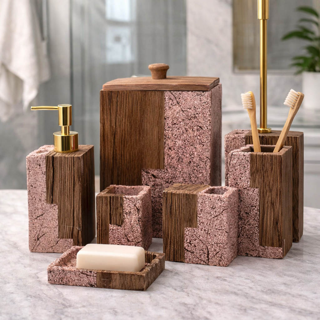 Premium Fabric Ceramic Bathroom Accessory Set