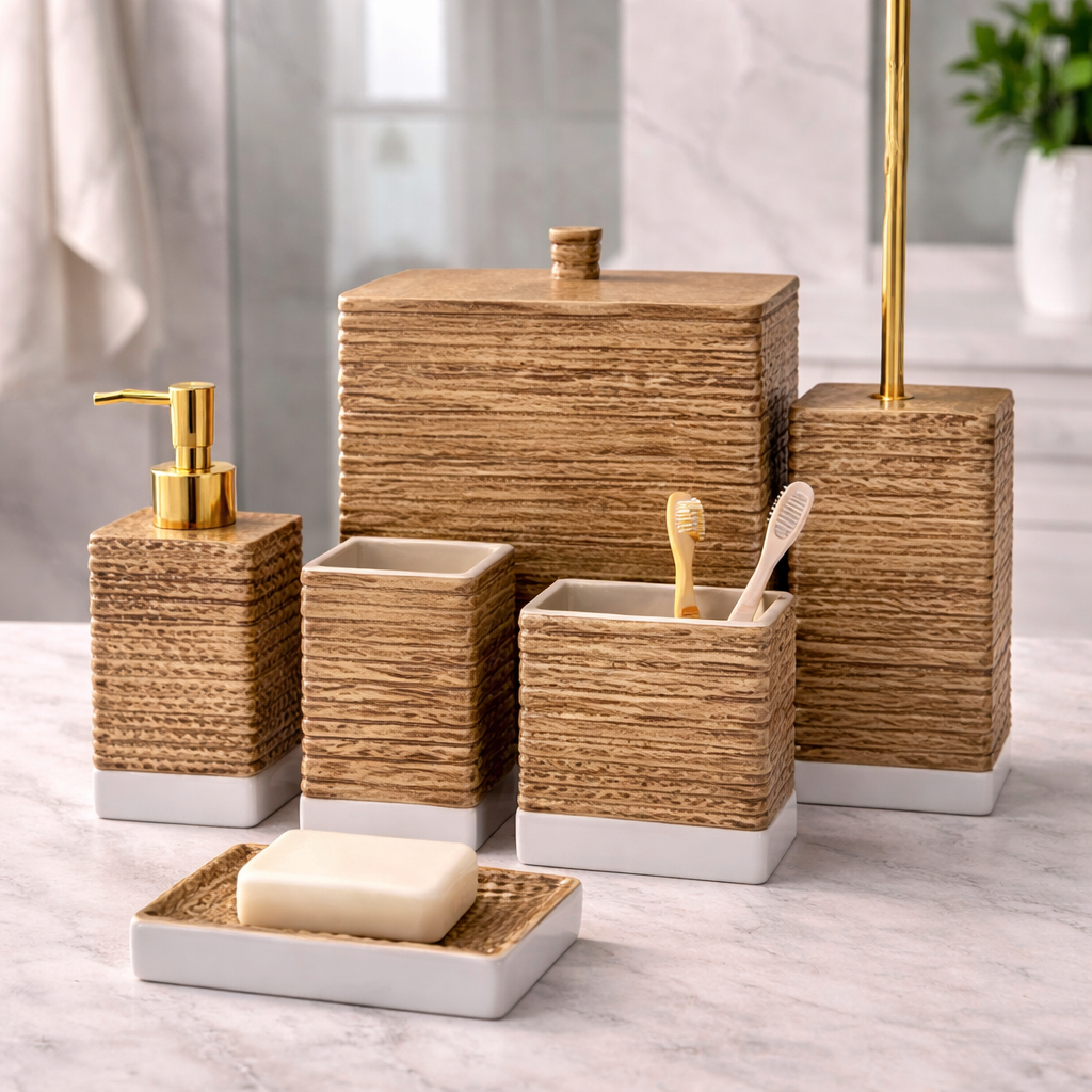 Premium Gold Textured Fabric Ceramic Bathroom Set