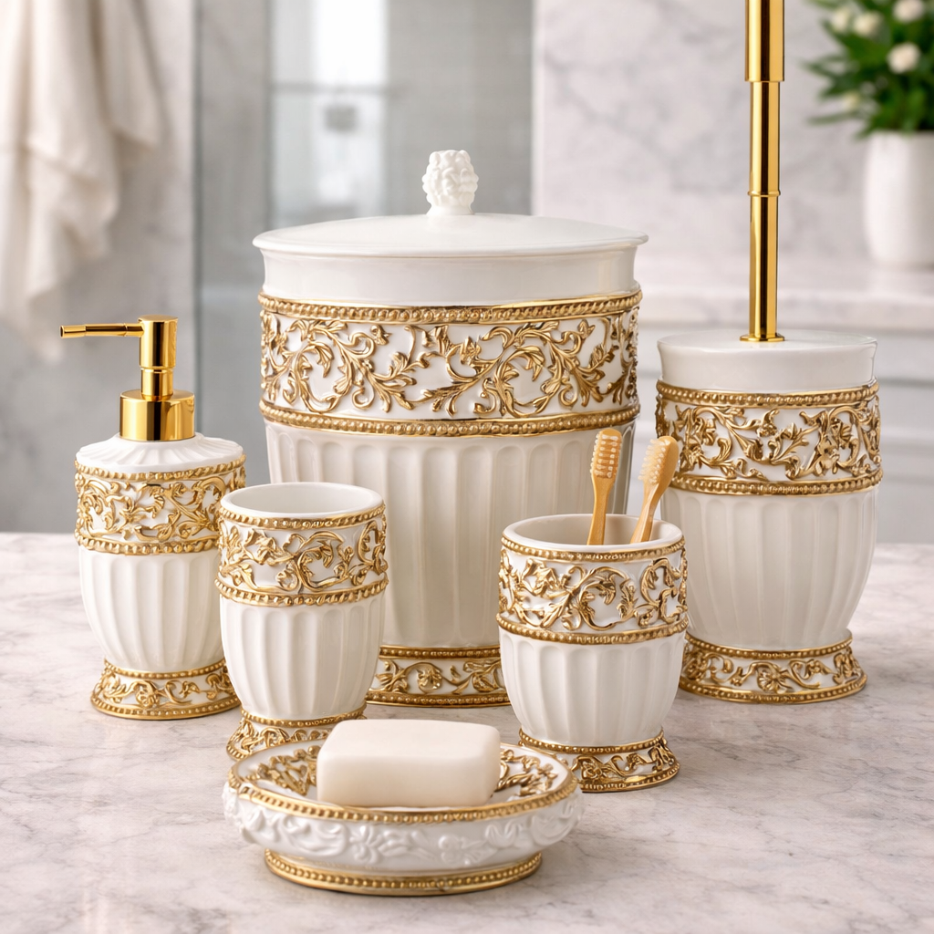 Royal White & Gold Ceramic Bathroom Set