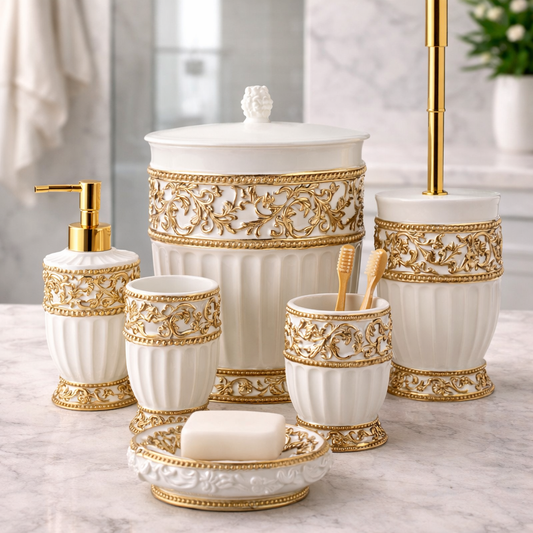 Royal White & Gold Ceramic Bathroom Set
