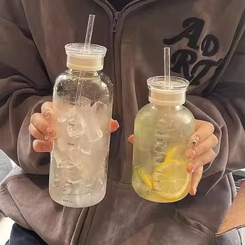 Transparent Glass Water Bottle With Straw