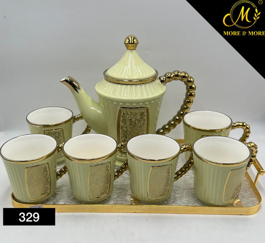 9-Pcs Ceramic Coffee Set In Green With Golden Finish