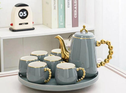 9-Pcs Ceramic Coffee Set | Rotating Tray | Grey Color