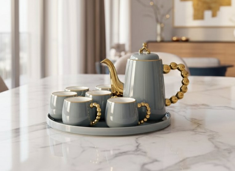 9-Pcs Ceramic Coffee Set | Rotating Tray | Grey Color