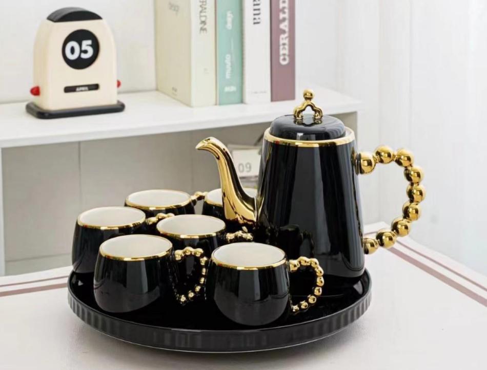9-Pcs Ceramic Coffee Set | Rotating Tray | Black Color