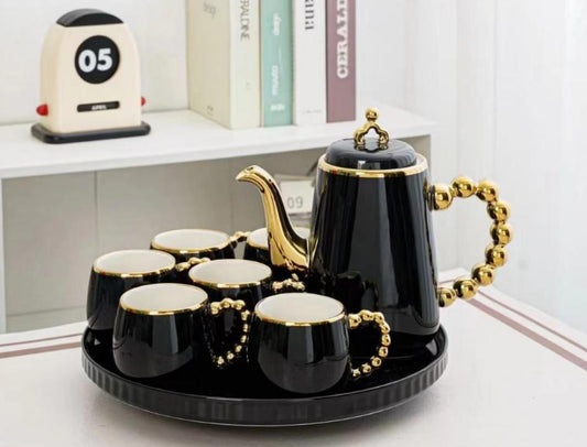 9-Pcs Ceramic Coffee Set | Rotating Tray | Black Color